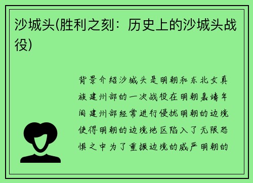 沙城头(胜利之刻：历史上的沙城头战役)